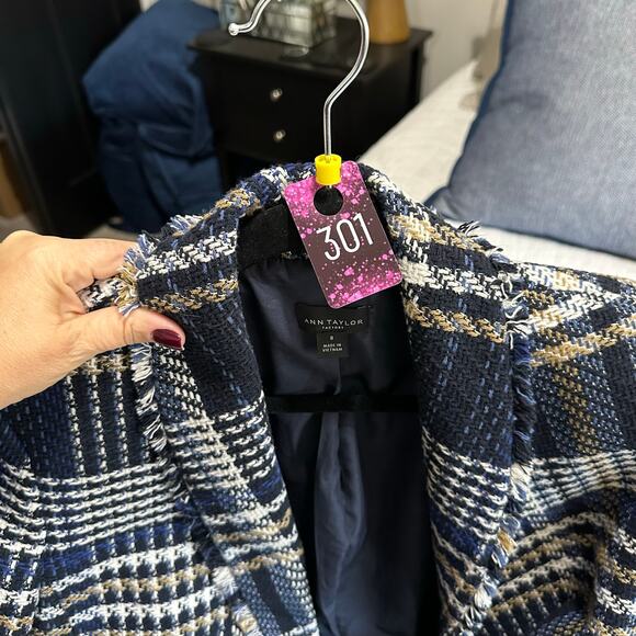 Ann Klein Factory Woven Blazer Jacket Lined Size 8 Navy Black White Tan - Picture 10 of 10